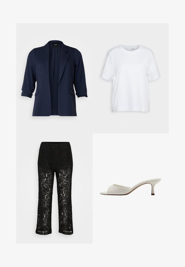 Navy blazer made of textured fabric, featuring three-quarter sleeves, notched lapels, and two front pockets. Open front design.; White short-sleeve t-shirt, crew neck, made of soft, smooth cotton fabric, with a straight hem and minimal detailing. Plain and versatile design.; Black lace wide-leg pants with opaque underwear lining, floral pattern, and elastic waistband on plain background.; White open-toed high-heeled mules with a smooth finish, minimalist design, and a slender heel, featuring a subtle brown accent on the sole.
