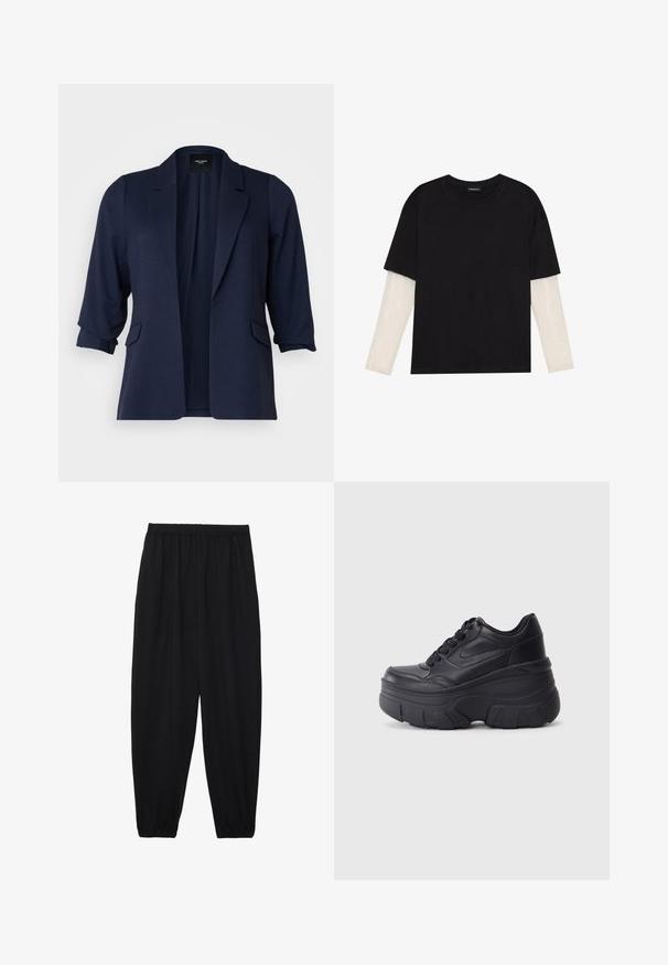 Blazer navy feito de tecido texturizado, apresentando mangas de três quartos, lapelas serrilhadas e dois bolsos frontais. Design de frente aberta.; T-shirt preta de algodão, com mangas curtas sobre uma camada de mangas longas branca com um padrão texturizado subtil. Design de decote redondo.; Calças pretas, leves, com um cinto elástico e punhos franzidos. O tecido é suave e apresenta um design relaxado e afunilado.; Ténis pretos com atacadores e sola robusta, apresentando um cabedal em couro liso, bico arredondado e um design de plataforma em camadas distinto.