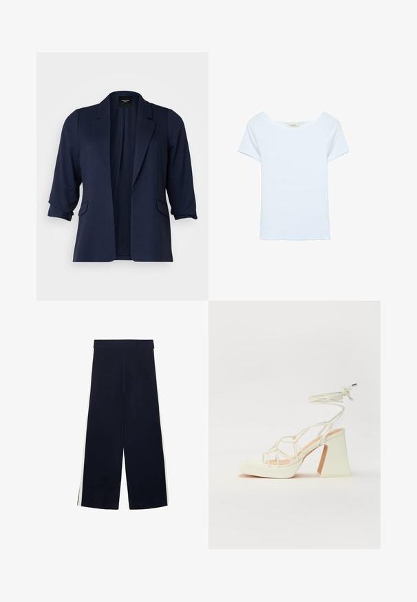 Marineblazer lavet af tekstureret stof, med trekvartærmer, notchklapkrave og to frontlommer. Åben frontdesign.; Hvid t-shirt lavet af ribbet stof, med en bred scoop neckline og korte ærmer. Enkel design uden mønstre eller decorationer.; Mørkeblå brede bukser med høj talje og hvide side-striber, lagt fladt på en hvid baggrund.; Hvide højhælede sandaler med en kraftig hæl, der har et stropdesign og ankelbinding. Glat tekstur med en platform foran for ekstra højde.