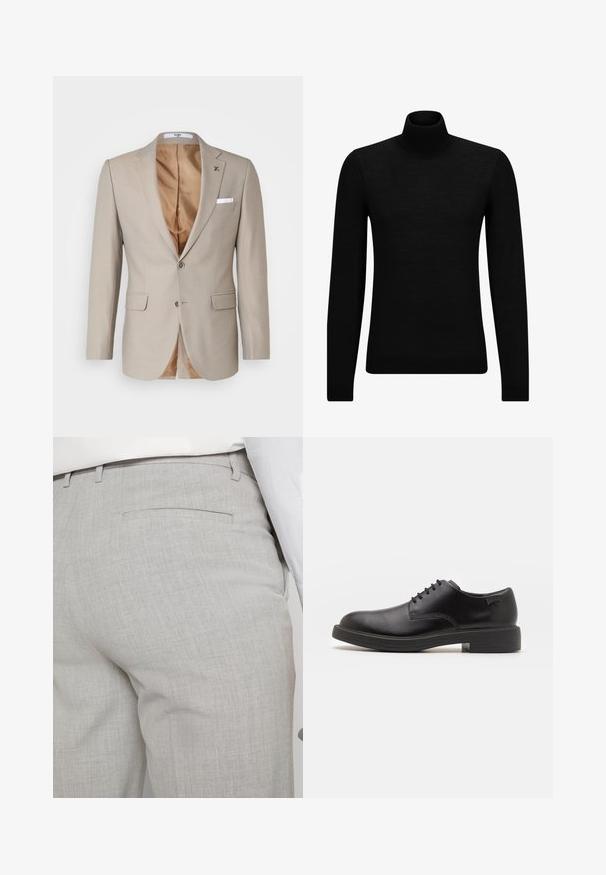 Kigili DANNY - Colbert - mid beige; Zwarte coltrui van zacht materiaal, met lange mouwen en een snug fit. Geribbelde afwerking aan de onderkant en mouwen. Eenvoudig ontwerp.; Lichtgrijze, op maat gemaakte broek van gestructureerde stof, met een enkele achterzak en nette stiksels.; Zwarte leren veterschoen met een ronde neus, een gladde textuur, minimale stiksels en een lage rubberen hak. Logo op de hak.