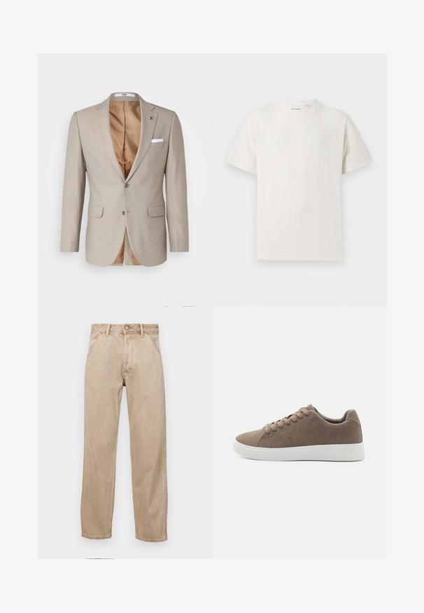Kigili DANNY - Suit jacket - mid beige; White short-sleeve T-shirt in a ribbed texture. Round neckline, relaxed fit, no visible patterns or accents. Simple and versatile design.; Beige denim jeans with a straight leg design, featuring front pockets, a metal button closure, and subtle texture.; Brown suede sneakers with flat white rubber soles, lace-up design, rounded toe, and a smooth texture. Minimalist style with subtle stitching details.
