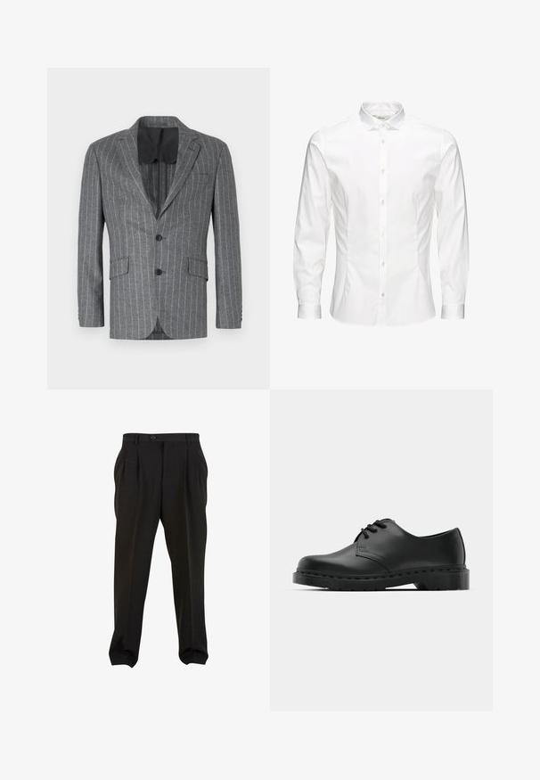 Blazer gris a rayas con un solo botón negro, dos bolsillos frontales y forro interior negro, con solapa muesca y un corte ajustado.; Camisa blanca de manga larga con botones, hecha de una tela suave. Presenta un cuello clásico, botones frontales y puños con un solo botón. Diseño ajustado.; Pantalones negros de tejido suave, con pliegues frontales, cinturilla con botón y puños en los tobillos ajustados. Silueta clásica y ajustada.; Zapato oxford de cuero negro con diseño de cordones, punta redonda, suela de goma plana y un sutil detalle de costura en la parte superior.