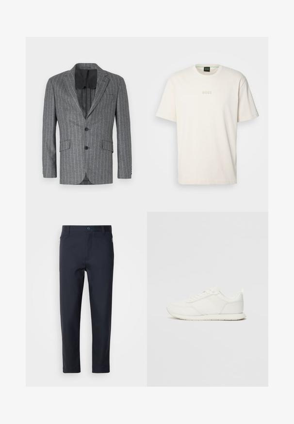 Pelēka svītrainā žakete ar vienu melnu pogu, divām priekšējām kabatām un melnu iekšējo oderi, ar iegriezuma apkakli un pieguļošu piegriezumu.; BOSS TEE - Pamata T-krekls - open white; Navy zila piegrieztu bikses no gludas auduma, ar rāvējo jāšanu kabatu, taisnām kājām un pogu aizdari jostasvietā.; Baltie sporta apavi ar mežģīņu un sintētisko augšdaļu, apaļu purngalu, plakanu mežģīņu un teksturētu sānu joslu. Gumijas zole ar cilpu aizmugurē.