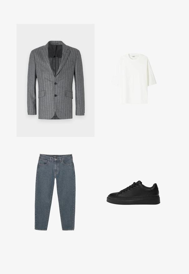 Šedý pruhovaný blazer s jedním černým knoflíkem, dvěma předními kapsami a černým podšívkou, s klopou ve tvaru notch a přizpůsobeným střihem.; Bílá tričko s krátkým rukávem vyrobené z bavlny, se skládaným výstřihem a uvolněným střihem s rovním lemem.; Tmavomodré džíny s volným střihem, designem pěti kapes, zapínáním na knoflík a mírně obroubenými okraji. Odolný materiál s jemnou texturou.; Černé tenisky vyrobené z hladké kůže, s kulatou špičkou, silnou platformou a tradičním šněrováním se šesti oky.
