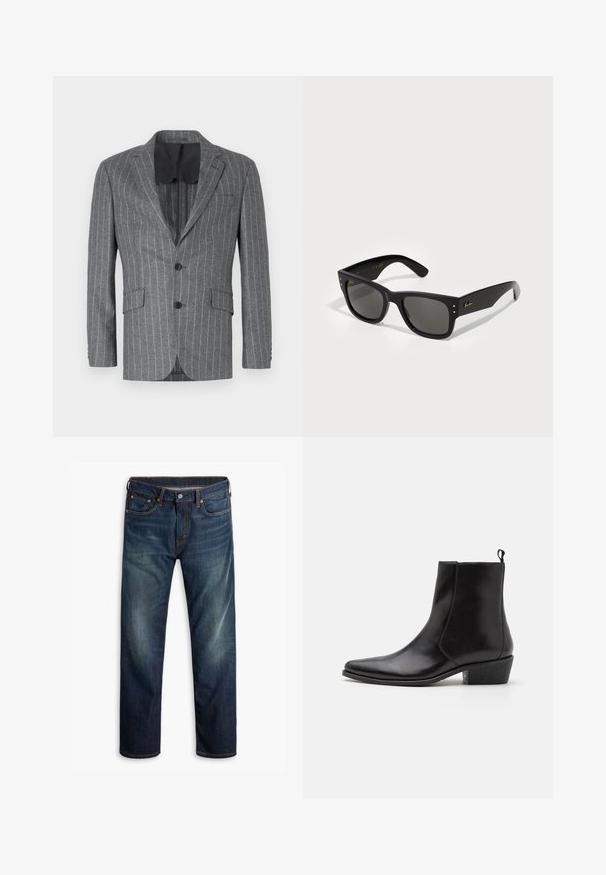 Blazer grigio a righe con un solo bottone nero, due tasche frontali e foderato internamente in nero, caratterizzato da un colletto a motivo a gradino e una vestibilità sartoriale.; AllSaints BRACE CREW - T-shirt basic - CARTER GREY; Jeans in denim blu scuro con lieve sbiadimento sulle cosce, design a cinque tasche, chiusura con bottone e cuciture arancioni visibili su sfondo bianco.; Zign LEATHER - Stivaletti texani / biker - black; Occhiali da sole neri con montatura quadrata, dotati di lenti scure. Decorati con piccoli punti dorati e un logo dorato sulla stanghetta. Texture liscia.