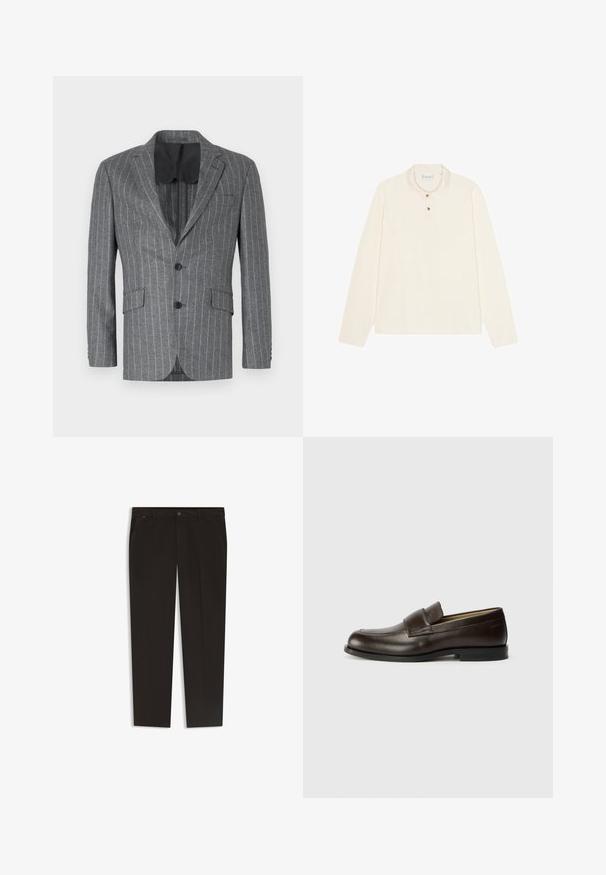 Gray pinstriped blazer with a single black button, two front pockets, and a black interior lining, featuring a notch lapel and tailored fit.; Long-sleeve polo shirt in cream, featuring a flat collar, three-button placket with gold-tone buttons, and a soft, textured fabric.; Black trousers with a straight leg design, made from a smooth fabric. Features a button closure and front pockets. No visible patterns or accents.; Calvin Klein Slip-ons - cocoa brown
