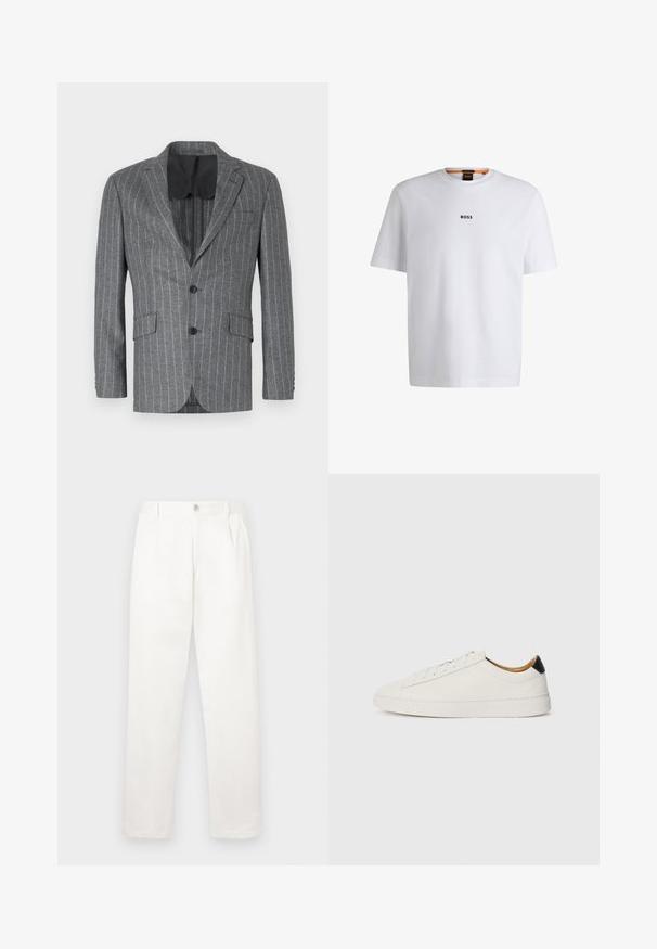 Szürke csíkozott blézer egyetlen fekete gombbal, két elülső zsebbel és fekete bélésbel, amelyet kiszabott kialakítás és hajtókás gallér jellemez.; Fehér pamut póló rövid ujjakkal, középen fekete "BOSS" logóval a mellkason és kerek nyakú kialakítással.; Fehér nadrág sima anyagból, egyenes lábbal, elülső pliszékkal és egy gombos záródással a derékon.; Fehér sportcipő sima bőr felsőrésszel, kerek orral és lapos talppal. Fekete akcentus a saroknál, tonális fűzőkkel és minimális márkajelzéssel.