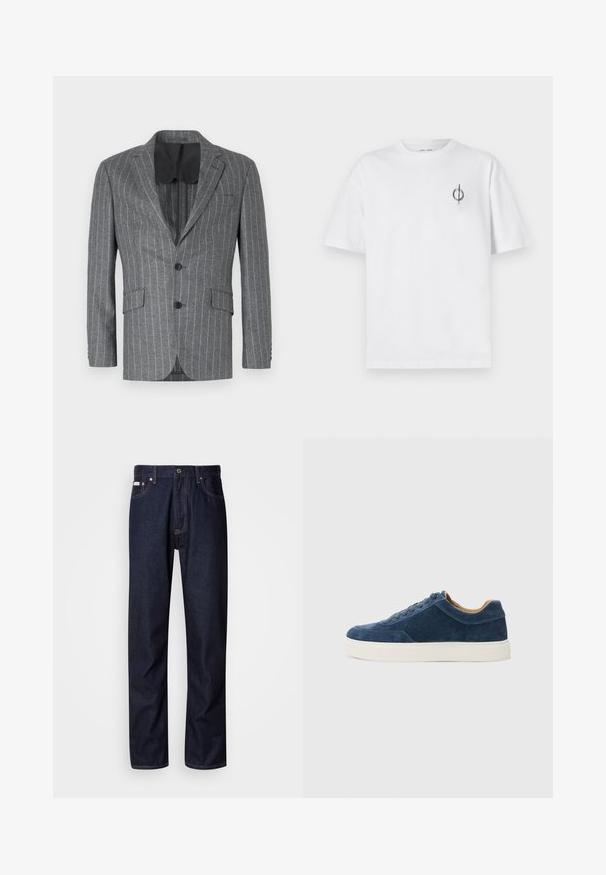 Pilka juostelėta švarkas su vienu juodu mygtuku, dviem priekinėmis kišenėmis ir juodu vidiniu pamušalu, turintis iškirptę ir pritaikytą siluetą.; Balta medvilninė marškinė su laisvu siluetu, su mažą juodą grafiką logotipą kairėje krūtinės pusėje. Trumpomis rankovėmis, apvaliu kaklu.; Tamsiai mėlynos džinsinės kelnės su tiesiomis kojomis, turinčios mygtukų užtraukimą, penkias kišenes ir kontrastingas siuvimo detales.; Mėlynos zomšinės sportbačiai su balta gumine padanga, su raišteliais, apvaliu pirštu ir kontrastinga rusva vidine dalimi. Subtilūs siuvimo detalės.