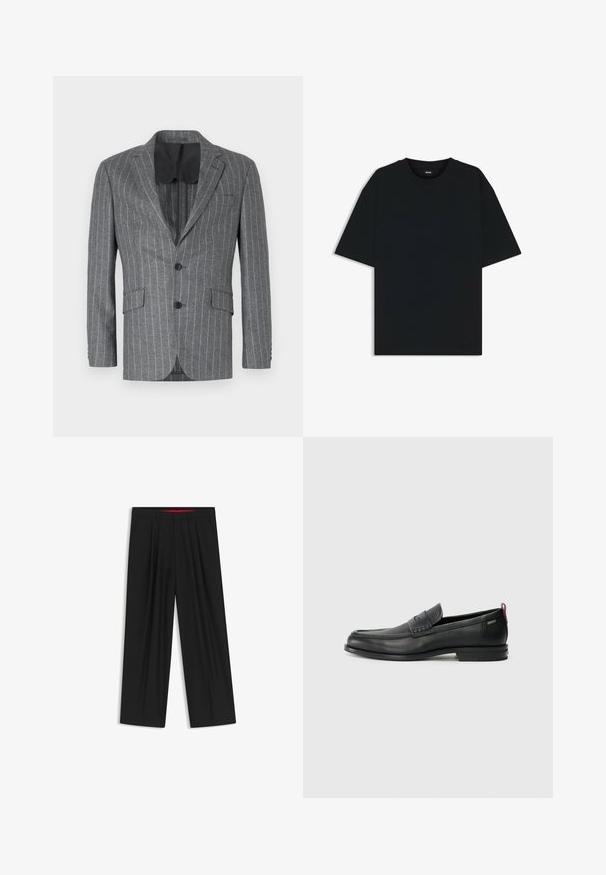 Blazer grigio a righe con un solo bottone nero, due tasche frontali e foderato internamente in nero, caratterizzato da un colletto a motivo a gradino e una vestibilità sartoriale.; Maglietta in cotone nera con scollatura rotonda e maniche corte. Presenta una vestibilità ampia e un design semplice senza motivi o dettagli.; Pantaloni neri a gamba larga con fronte piatto, due tasche laterali, design plissettato e un elastico in vita di colore rosso a contrasto.; Mocassini in pelle nera con un pannello anteriore testurizzato e lati lisci. Presentano un tacco sottile e un anello sul retro per una vestibilità facile. Design classico.