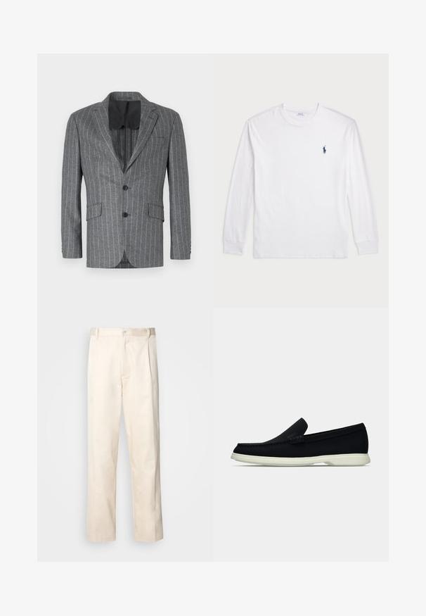 Pilka juostelėta švarkas su vienu juodu mygtuku, dviem priekinėmis kišenėmis ir juodu vidiniu pamušalu, turintis iškirptę ir pritaikytą siluetą.; Balta ilgomis rankovėmis marškinėliai iš medvilnės. Gali būti apvalios formos kaklas, raukšlės ant rankovių, ir nedidelis tamsiai mėlynas polo logotipas kairėje krūtinės pusėje.; Bežinės medvilninės kelnės su tiesiu kirpimu, turinčios mygtuko uždarymą ir priekyje raukšles papildomai dekoratyviam akcentui.; Juodas slip-on avalynė su apvaliu pirštu, turintis tekstūruotą paviršių, lygią baltą platformą ir subtilų prekės ženklą šone.