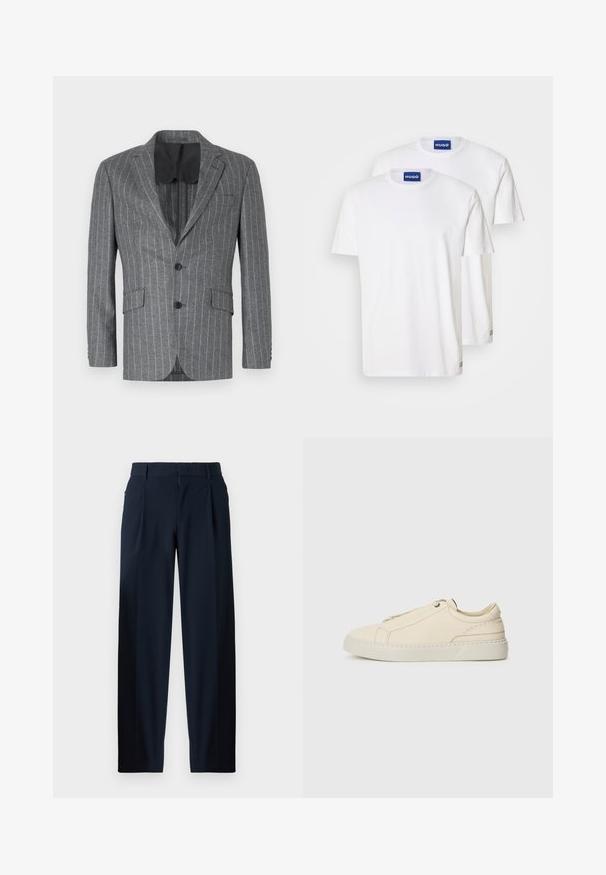 Hall, mille halliga tumehall pinstriped bleiser, millel on üks must nupp, kaks esikotid ja must sisevooder, nurgelise krae ja täpselt istuva lõikega.; Valged puuvillased T-särgid, millel on ümar kaelus ja lühikesed varrukad, kaelustel on sinised "HUGO" sildid ja väiksed detailid ääres.; Tumed sinised püksid, millel on sile tekstuur, laiad sääred, ees olevad voldid, vöölukud ja tõmblukk. Sobivad nii ametlikeks kui ka igapäevasteks riietusteks.; Beige nahkased kingad ümmarguse varbaga, minimalistlik disain, peened õmbluse detailid ja tekstureeritud pealispind, heledal tallal.