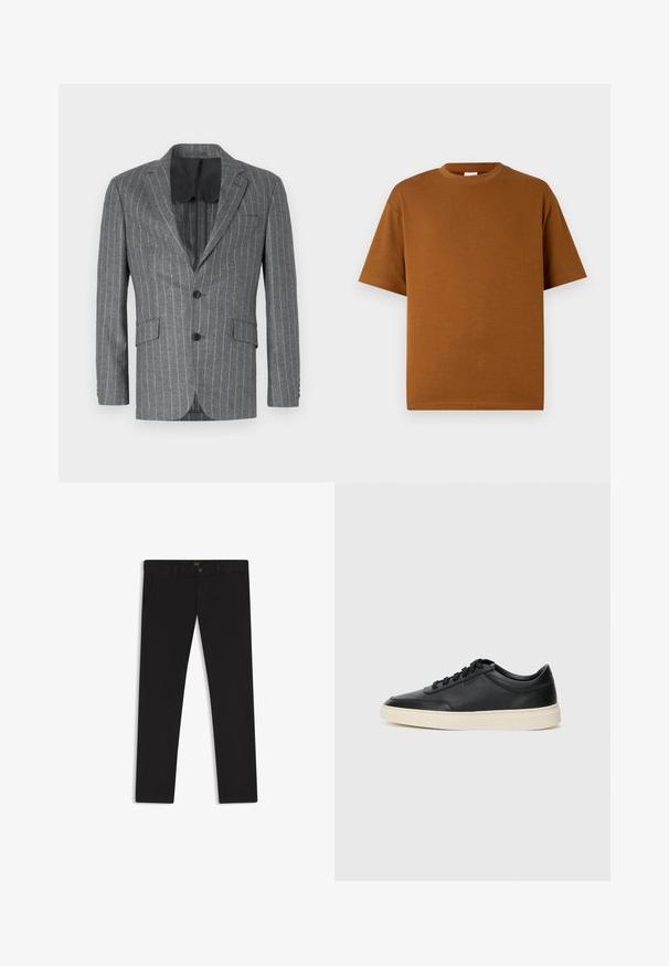 Harmaa raidallinen bleiseri, jossa on yksi musta nappi, kaksi etutaskua ja musta vuori, varustettuna loviklaavulla ja kapealla istuvuudella.; Ruskea lyhythihainen t-paita, joka on valmistettu pehmeästä kankaasta. Siinä on pyöreä kaula-aukko ja rento fit, sekä suora helma. Ei näkyviä kuvioita tai yksityiskohtia.; Mustat housut, jotka on valmistettu sileätekstiilisestä kankaasta. Varustettu nappikiinnityksellä, vyölenkeillä ja sivutaskuilla. Standardi suora lahjemalli.; Musta matalavartinen nahkastretchu, jossa on mustat nauhat ja vaaleanharmaa pohja, esitetty sivuprofiilissa valkoista taustaa vasten.