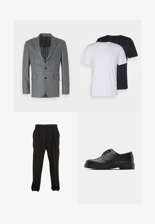Pilka juostelėta švarkas su vienu juodu mygtuku, dviem priekinėmis kišenėmis ir juodu vidiniu pamušalu, turintis iškirptę ir pritaikytą siluetą.; Du pfaldi medvilniniai marškiniai trumpomis rankovėmis, balti ir juodi, su apvaliais kaklais, turintys mažą logotipą ant krūtinės, glotnus paviršius.; Juodos kelnės su lygiu audiniu, turinčios priekines klostes, mygtukų juosmenį ir siaurėjančius kulkšnies audinius. Klasikinis pritaikytas siluetas.; Juodos odinės oksfordo bateliai su raištelių užsegimu, apvaliu pirštu, plokščiu guminiu padu ir subtiliu siuvimo akcentu viršuje.