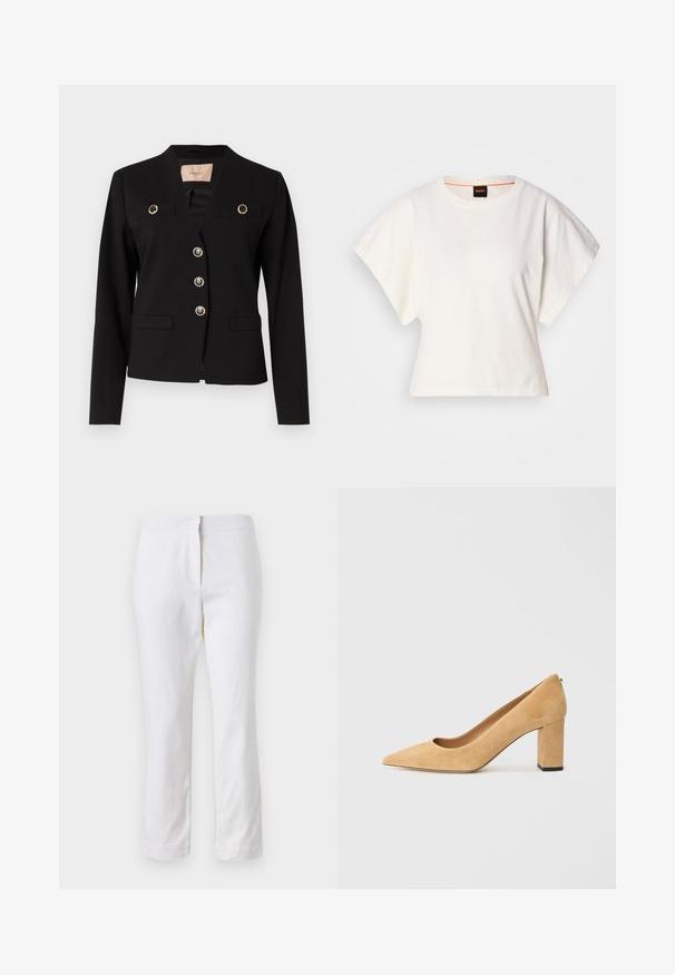 Černý blazer s výstřihem do V, zlatými akcentními knoflíky, dvěma předními kapsami a strukturovanými rameny. Vyroben z hladkého materiálu.; Bílý zkrácený T-shirt, krátké široké rukávy, měkký bavlněný materiál, kulatý výstřih s jemným oranžovým lemováním, minimalistický design, bez vzorů nebo grafik.; Bílé bavlněné kalhoty s rovnou nohavicou, s středně vysokým pasem a bez viditelných kovových prvků nebo vzorů. Hladká textura po celém povrchu.; Beige semišové lodičky na vysokém podpatku s špičatou špičkou a silným blokovým podpatkem. Materiál má jemnou texturu a hladký povrch.