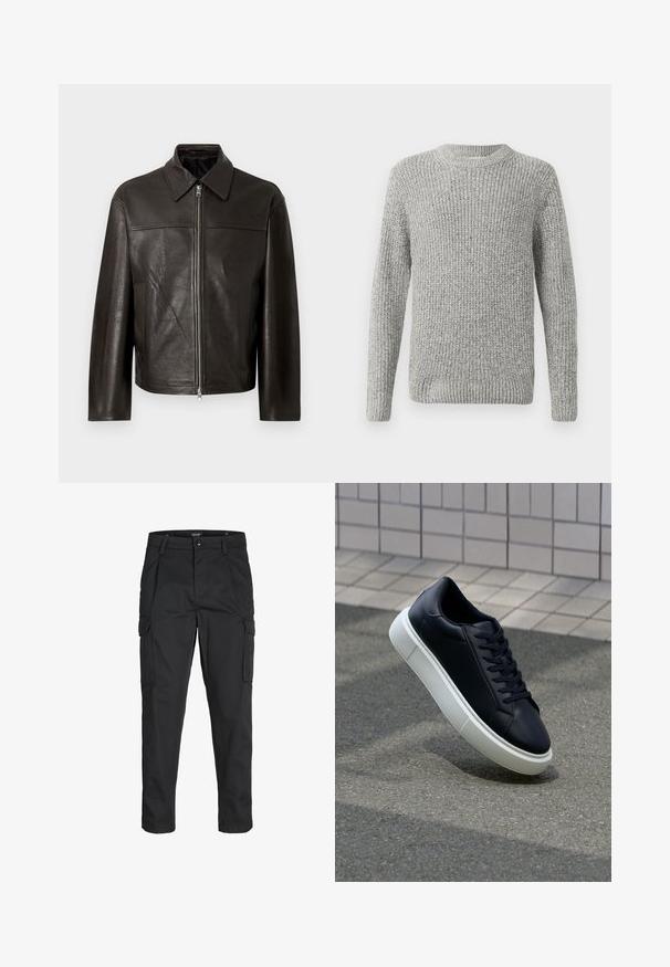 Barna bőrdzseki cipzáras lezárással, hegyes gallérral, egyenes szabással és két oldalzsebbel. Texturált felület és finom fényű.; Szürke kötött pulóver hosszú ujjakkal, kerek nyakkivágással, bordás mandzsettákkal és szegéllyel. A textúra vastag és érdes, alkalmas hűvösebb időjárásra.; Fekete cargo nadrág, amely tartós anyagból készült, több zsebet tartalmaz, gombos záródással rendelkezik, és karcsú szabású, szűkített lábakkal bír.; Fekete bőr sportcipő lekerekített orral és fehér gumitalppal. Lapos fűzőkkel és minimális varrásokkal rendelkezik a felsőrészén. Mintás talp a tapadásért.