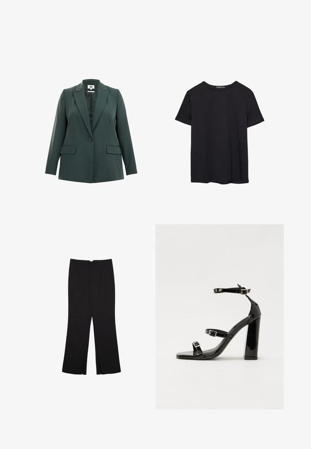 Temno zeleni blazer s krojem po meri, enojnim gumbom, zarezanimi klapami in dvema sprednjima žepoma. Gladka tekstura tkanine.; Enostavna črna bombažna majica s kratkimi rokavi in okroglim izrezom, prikazana na belem ozadju.; Črne hlače ravnega kroja z naglavnimi žepi in stranskimi razporki na robu. Narejene iz mehke, gladke tkanine. Primerne za različne priložnosti.; Črne lakaste sandale z visokimi petami, z dvema trakovoma z zaponkama, kvadratnim sprednjim delom in masivno širšo peto, z gladko, sijočo teksturo.