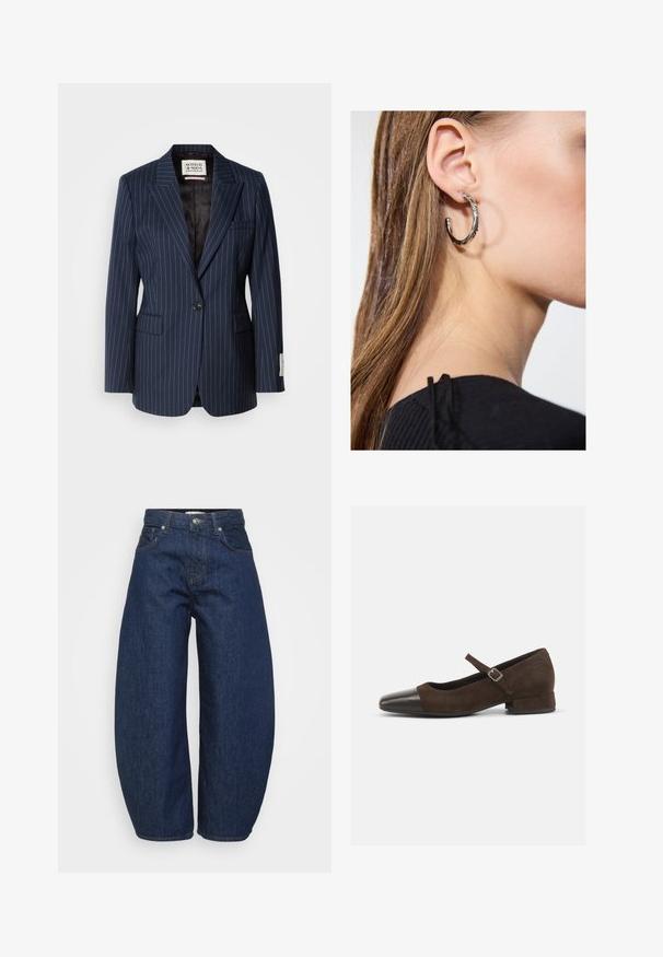 Marineblå blazer med nålestribe lavet af vævet stof, med en enkelt knaplukning, klipslag og to forlommer. Foret med sort tekstil.; Mørkeblå cropped sweater lavet af blødt strikket materiale. Har rund halsudskæring og lange ærmer med ribbede manchetter. Enkel, strømlinet design.; Mørkeblå denim jeans med høj talje og brede ben, frontknap og lynlås lukning samt klassisk fem-lomme design.; Brun ruskind Mary Jane-sko med en sort laklæder tåhætte, justerbar rem og en lav blokhæl. Glat tekstur med minimale detaljer.; Sølv hoop ørestik med en poleret overflade, prydet med små guld accenter og en rund form, båret på øreflippen.