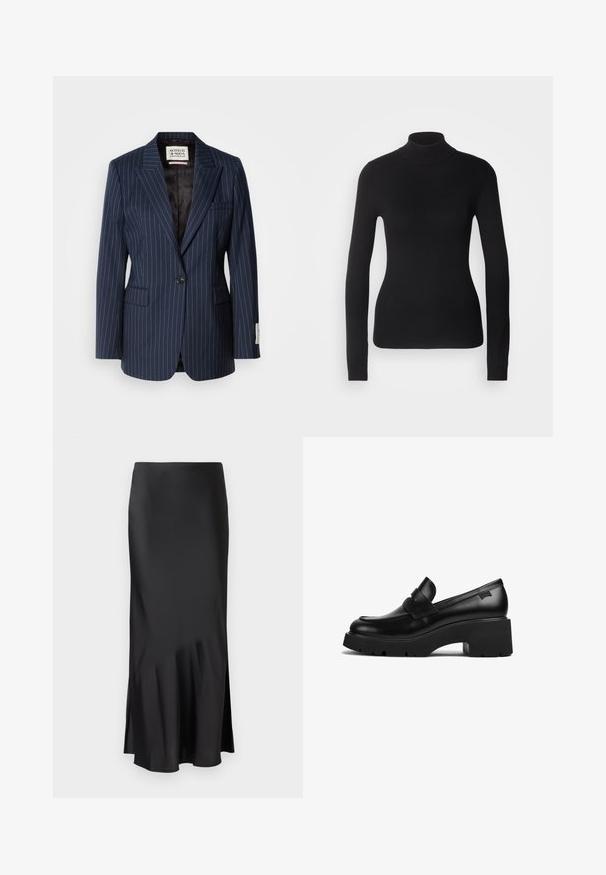 Blazer navy à rayures fines en tissu tissé avec fermeture à un bouton, revers crantés et deux poches avant. Doublé en textile noir.; Pull à col roulé noir en maille légère. Il possède des manches longues, une coupe ajustée et une texture côtelée douce.; Jupe midi en satin noir au design épuré, avec une légère évasement à l'ourlet et une fente sur le côté pour faciliter les mouvements. Texture lisse.; Mocassin noir en cuir avec un talon épais, une semelle épaisse et un détail en sangle sur le dessus, présenté de côté sur un fond blanc.