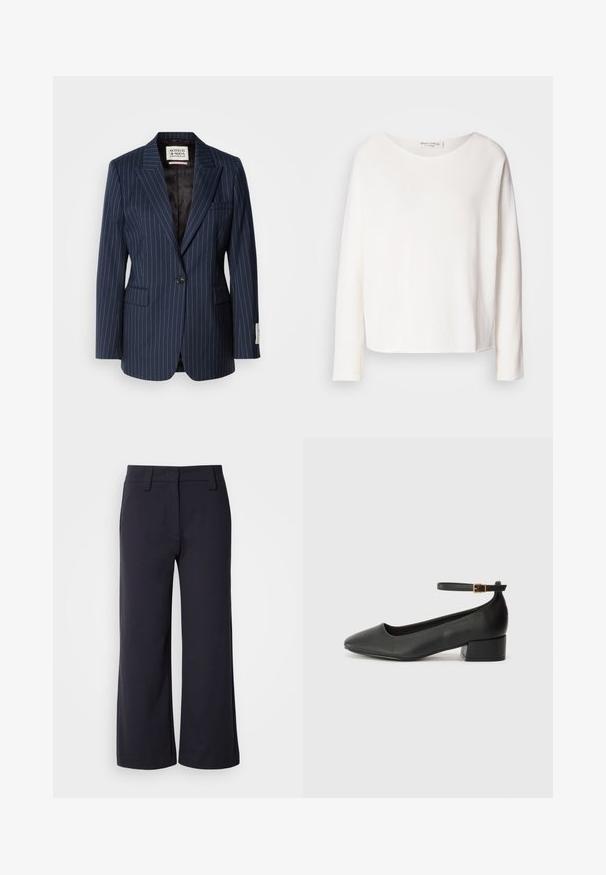 Marineblauwe gestreepte blazer van geweven stof met een enkele knoopsluiting, notch-lapel en twee voorzakken. Gevoerd met zwarte textiel.; Lange mouwen, ronde hals top in zachte, lichtgewicht witte stof met een relaxte pasvorm. Heeft een nette zoom en geen zichtbare hardware.; Wijd-zittende broek in donkerblauwe stof. Heeft een vlakke voorkant, riemlussen en zijzakken. Het materiaal is glad met een lichte stretch.; Zwarte leren pump met een spitse neus en een lage blokhak. Beschikt over een enkelband met een goudkleurige gespsluiting. Gladde textuur.