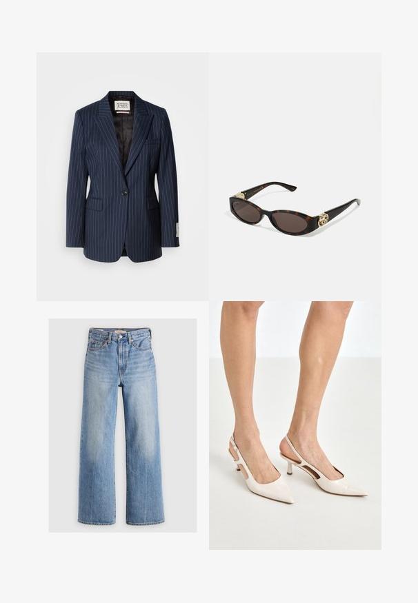 Granatowa marynarka w prążki z tkaniny tkanej, z zamknięciem na jeden guzik, klapami w kształcie notcha i dwoma przednimi kieszeniami. Podszewka z czarnego materiału.; Niebieska koszula z długim rękawem, w paski, z kołnierzykiem i zaokrąglonym dołem. Materiał wydaje się gładki i lekki. Zapięcie na guziki z przodu.; Jasnoniebieskie dżinsowe spodnie o szerokich nogawkach z wysokim stanem, wyblakłe miejsca, pięć kieszeni oraz kontrastowe przeszycia. Klasyczne zapięcie na guzik i zamek błyskawiczny.; Beżowe lakierowane szpilki z odkrytą piętą, zakończone spiczastym noskiem i 5 cm obcasem, z wyciętymi bokami oraz cienkim paskiem na kostce.; Słoneczne okulary w kolorze żółwi z wydłużonymi owalnymi soczewkami, brązowym odcieniem, złotymi akcentami logo na zausznikach oraz smukłymi czarnymi ramionami.