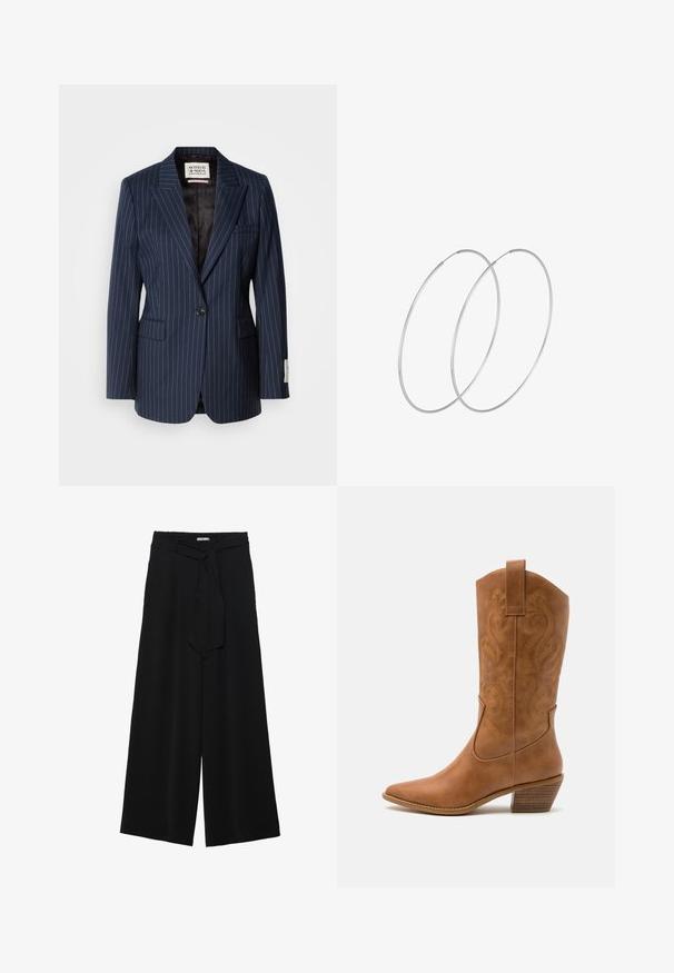 Marineblau gestreifter Blazer aus gewebtem Stoff mit einem Ein-Knopf-Verschluss, Reverskragen und zwei Fronttaschen. Gefüttert mit schwarzem Textil.; Zwei weiße Baumwoll-T-Shirts mit kurzen Ärmeln, Rundhalsausschnitten und einer engen Passform, die eine glatte Textur und ein minimalistisches Design aufweisen.; Schwarze weite Hosen aus strukturiertem Stoff, mit elastischem Bund und einem abnehmbaren Bindegürtel in der Taille für eine verstellbare Passform.; Braune Leder-Cowboy-Stiefel mit spitzem Zehenbereich, bestickten Wirbelmustern am Schaft und einem gestapelten Blockabsatz. Verfügt über einen Ziehriemen für das einfache Anziehen.; Silberne Creolen mit minimalistischem Design. Rundform, glatte Oberfläche und dünnes Profil. Leichtgewichtig mit hochglänzender Oberfläche.