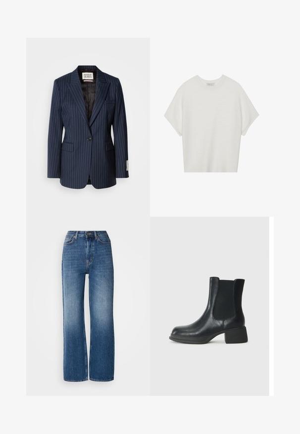 Mornarsko prugast blazer iz tkanine z wovnom, z enim gumbom za zapiranje, z izrezanimi klapnicami in dvema sprednjima žepoma. Podložen z črnim tekstilom.; Bela majica s kratkimi rokavi in širokim ovratnikom ter teksturiranim rebrastim vzorcem, izdelana iz mehke tkanine, z udobnim krojem in čistim dizajnom.; Visoko pasovi široke jeans hlače iz modrega denima z gradientnim umivanjem, bakrenimi šivi, sprednjim gumbnim zapiranjem in petimi žepi.; Črne usnjene gležnjarje z elastičnimi stranskimi paneli, okroglim prstom in nizko blokasto peto. Površina ima gladko teksturo in minimalne detajle.