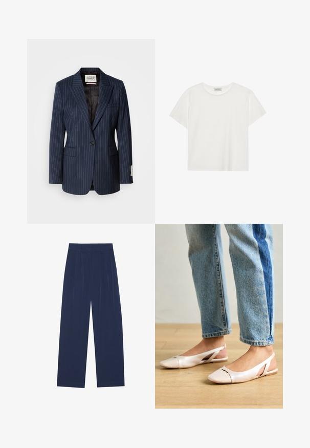 Navy pinstriped blazer made of woven fabric with a single button closure, notch lapels, and two front pockets. Lined with black textile.; White short-sleeve T-shirt made of soft cotton. Features a round neckline and relaxed fit. Clean design with no visible patterns or accents.; Navy blue wide-leg pants made of soft fabric, featuring front pleats, a smooth texture, and a straight fit with no visible pockets.; Pale pink slingback flats with a pointed toe, made from a smooth leather-like material. Features cut-out details at the sides and a flat heel.