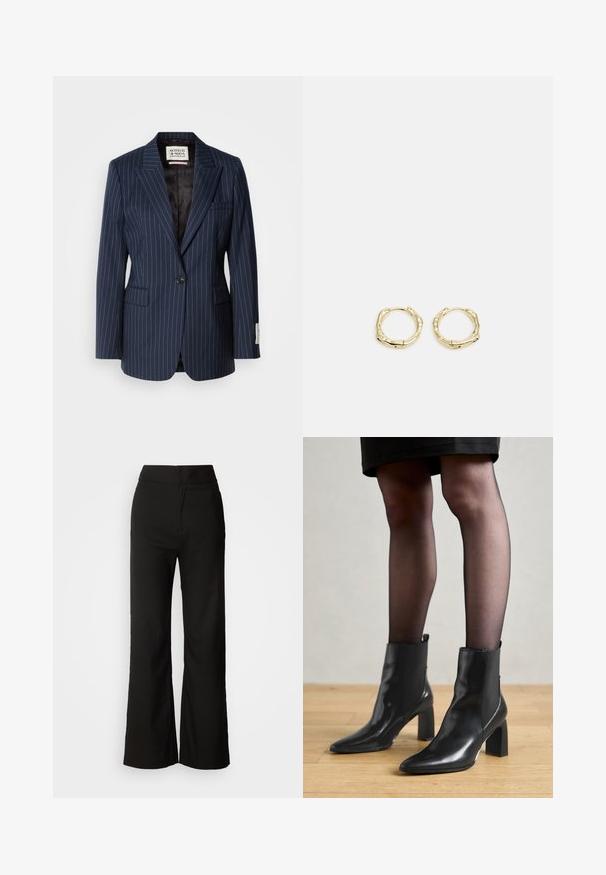 Granatowa marynarka w prążki z tkaniny tkanej, z zamknięciem na jeden guzik, klapami w kształcie notcha i dwoma przednimi kieszeniami. Podszewka z czarnego materiału.; Biała bawełniana koszulka na ramiączkach z szerokim dekoltem i cienkimi ramiączkami. Gładka faktura bez widocznych wzorów czy zdobień.; Czarne spodnie z szerokimi nogawkami o gładkiej fakturze, wysokim stanie i minimalistycznym designie. Brak widocznych kieszeni i zdobień.; Czarne skórzane botki za kostkę z ostro zakończonym noskiem, masywnym kwadratowym obcasem i eleganckim designem. Posiadają elastyczne boczne panele dla łatwego zakładania.; Złote kolczyki w kształcie obręczy o teksturowanej, nieregularnej formie. Posiadają bezszwowe zapięcie oraz polerowane wykończenie, podkreślające nowoczesny design.
