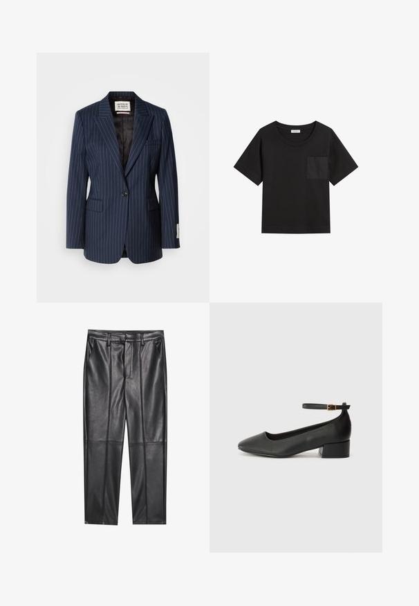 Blazer navy à rayures fines en tissu tissé avec fermeture à un bouton, revers crantés et deux poches avant. Doublé en textile noir.; T-shirt noir en coton avec un col rond et des manches courtes. Il présente une poche plaquée sur la poitrine gauche et une coupe décontractée.; Pantalons en cuir noir avec une texture lisse, présentant une coupe droite, deux poches avant et des coutures visibles.; Escarpin en cuir noir avec un bout pointu et un petit talon bloc. Doté d'une bride de cheville avec une boucle dorée. Texture lisse.