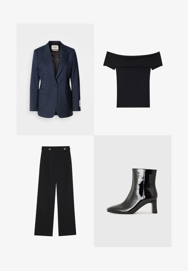 Blazer bleumarin cu dungi fine, realizat dintr-un material țesut, cu închidere cu un singur buton, rever cu decupaj și două buzunare frontale. Captusit cu un material textil negru.; Top negru, fără umeri, fabricat dintr-un material elastic și moale. Are mâneci scurte și o siluetă ajustată. Design simplu, fără cusături.; Pantaloni negri cu picioare largi, talie înaltă, detalii cu butoane pe talie și pliseuri în față.; Botine negre din piele lacuită, cu vârful ascuțit și toc bloc de înălțime medie. Textură netedă și design minimalist.