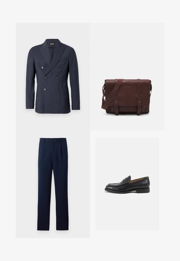 Tumši zils divrindu žakete izgatavots no gludas auduma. Aprīkots ar iegrieztām atloki, divām priekšējām kabatām un sešām melnām aizdares pogām.; Trīs garas piedurknes krekli: gaiši zils, balts un tumši zils. Visām ir klasiskā apkakle un pogu aizdare, izgatavoti no gludas auduma.; Jūras zila bikses, kas izgatavotas no gludas auduma, ar vienu pogu aizdari, bārkstīm un taisnajām kājām. Minimalistisks dizains bez izteiktām rakstu. ; Melnas ādas loafers ar gludu apdari, noapaļotu purngalu un dekoratīvām šuvēm uz virsu. Zems, sakrauta papēža un neliels spīdums.; Brūns ādas sūtījumu soma ar plakanu priekšējo atloku, divām siksnām, zelta metāla detaļām un regulējamu plecu siksnu.