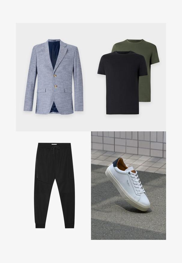 Šviesiai mėlynas švarkas, pagamintas iš tekstūruoto audinio, su dviejų mygtukų uždarymu, notch tipo apykaklėmis ir mėlynu pamušalu, su priekinėmis kišenėmis.; Du vtų polo marškiniai juodos ir alyvuogių spalvos, pagaminti iš minkštos medvilnės. Dizainas yra paprastas, su trumpomis rankovėmis ir tiesiu kirpimu.; Juodos sportinės kelnės, pagamintos iš tekstūruoto audinio, su reguliuojamu juosmeniu, šoniniu užtrauktuku užtraukiamu kišeniu ir siaurėjančiomis rankovėmis.; Balti odiniai sportbačiai su mėlynu kulnu, apvalia nosimi ir kontrastingais rudais akcentais. Aptakios raišteliai ir tekstūruota guma.