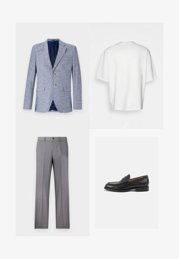 Hele sinine bleiser tekstuuriga kangast, millel on kahe nupuga sulgemine, nurga lapelid ja sinine vooder koos esikottidega.; Valge lühikeste varrukatega T-särk, lõdva lõikega, ümar kaelus, sileda puuvillase kangaga, kaunistamata selg, sirge alläär, ilma mustrite või aktsентideta.; Hallidega hallid püksid, millel on lame eesmine osa, kaks küljetaskut ja ühesnupuline kinnitis. Sile tekstuur koos peene triibumustriga.; Mustad mustad nahast loafers, sujuva viimistlusega, ümar sirge ja dekoratiivne tikand peal. Madal ja kergelt kuhjatud konts ning kerge läige.