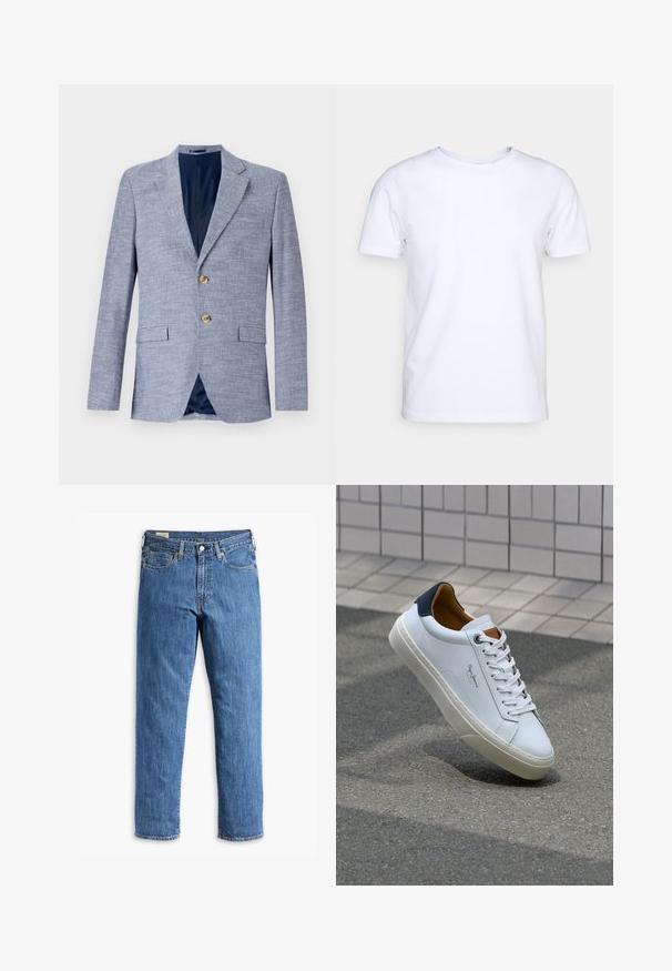 Ανοιχτό μπλε σακάκι από υφασμάτινη υφή, με κλείσιμο δύο κουμπιών, πέτο και μπλε επένδυση, με μπροστινές τσέπες.; Λευκό κοντομάνικο μπλουζάκι από βαμβακερό ύφασμα με στρογγυλή λαιμόκοψη. Απλός σχεδιασμός χωρίς μοτίβα ή λεπτομέρειες. Λείο υφή.; Ριγέ πουκάμισο με κουμπιά σε ανοιχτό μπλε και άσπρο. Διαθέτει όρθιο γιακά, μακριά μανίκια και μια μόνο τσέπη στο στήθος. Κατασκευασμένο από βαμβακερό ύφασμα.; Μπλε τζιν παντελόνι με κανονική γραμμή, με χάλκινες καρφίτσες και σχέδιο πέντε τσεπών. Διαθέτει ραμμένο στρίφωμα και κλασική μέση με θηλιές ζώνης.; Λευκό δερμάτινο αθλητικό παπούτσι με ναυτική φτέρνα, στρογγυλή μύτη και αντίθετα καφέ αξεσουάρ. Διαθέτει επίπεδους κορδόνες και υφή από καουτσούκ στη σόλα.