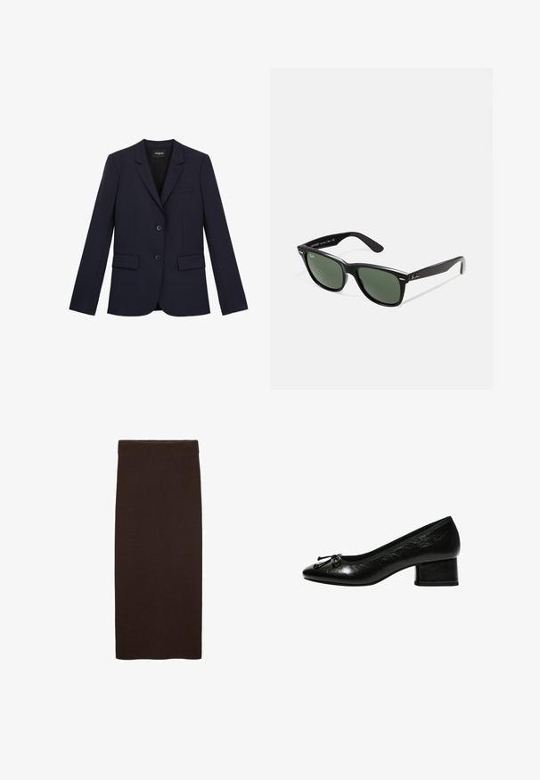 Navyblazer aus glattem Stoff mit taillierter Passform, zwei Knöpfen, Reverskragen und drei Taschen. Minimalistische Details.; Langarmiges, weißes Rundhalsshirt mit einem "WEEKDAY"-Label im Kragen, auf einem hellgrauen Hintergrund flach ausgelegt.; Brauer Strick-Midi-Rock mit enganliegendem Schnitt, glatter Textur, ohne sichtbare Muster und einem schlichten, klaren Design ohne Verzierungen.; Schwarze Lacklederpumpe mit runder Zehenform, kleinem Blockabsatz und Schleifenakzent an der Vorderseite. Glatte Textur mit glänzendem Finish.; Schwarze Plastiksonnenbrille mit grünen Gläsern, quadratischen Rahmen, silbernem Akzent auf der Augenbraue und strukturierten Bügeln. Angegebene Marke auf dem inneren Bügel.; Marineblaue Lederhandtasche mit zwei langen Griffen, einer Schnallen-Detailierung und einem daran befestigten Schlüsselanhänger. Besitzt eine glatte Textur und eine rechteckige Form.