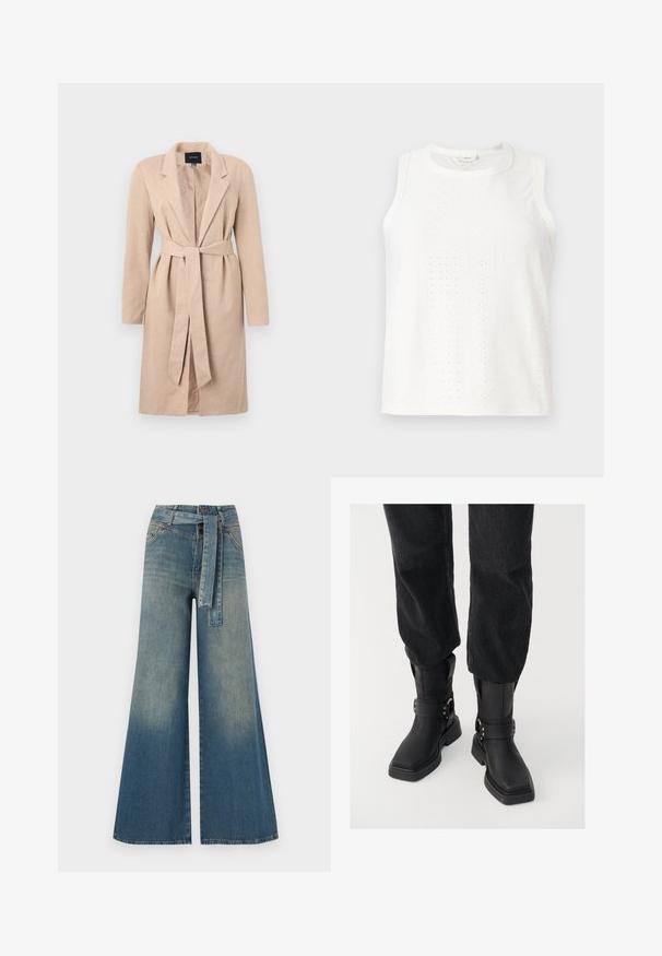 Bézs színű, hosszú kabát szőtt textúrával, Kialakított hajtókákkal, övvel a deréknál, hosszú ujjakkal, középen nyitott és egyszínű dizájnnal.; Fehér ujjatlan felső, szemcse mintákkal, kerek nyakkivágással és egyenes fazonnal. Könnyű anyagból készült, sima tapintással.; Bőszárú farmernadrág, világos és sötétkék árnyalatokkal, magas derekú, övgyűrűkkel és a nadrággal megegyező anyagú övvel. Textúrált farmer kivitel.; Fekete bőr bokacsizmák négyzet alakú orral, széles pánttal és fém csattal. A csizmák vastag talppal és sima felülettel rendelkeznek.