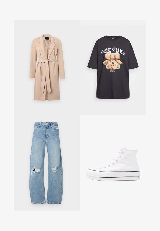 Bežový dlhý kabát s tkanou štruktúrou, s klopovými goliermi, opaskom v páse a dlhými rukávmi, s centrálne otvorením a jednofarebným dizajnom.; Čierne oversized tričko s grafikou medveďa a textom "NIE ROZTOMILÉ ALE DIVOKÉ" v tučnom bielom písmene. Bavlnený materiál.; Svetlomodré, vysoké džínsy vyrobené z denimu. Majú široké nohavice, dve roztrhnuté kolená a klasický päťvreckový strih.; Biele vysoké plátené tenisky s čiernou gumovou podošvou, prednou gumovou špičkou a šiestimi okami na šnúrky, s čistým, minimalistickým dizajnom.