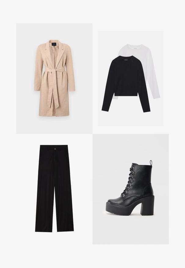 Bež dug kaput s tkanom teksturom, srezanim reverima, remenom u struku i dugim rukavima, s centralnim otvorom i jednoličnim dizajnom.; Dvije majice dugih rukava: jedna crna i jedna bijela. Obje imaju okrugli izrez, raglan rukave i mekani pamuk korišten za izradu.; Široke crne hlače izrađene od glatkog materijala, s prednjim džepovima i kopčanjem na gumb u struku. Minimalistički dizajn bez uzoraka.; Crne kožne gležnjače s masivnom blok petom, vezanjem sprijeda i teksturiranom površinom. Imaju uzicu straga za lakše oblačenje.