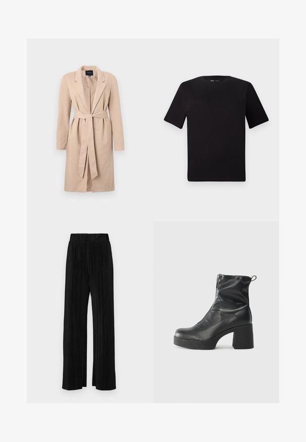 Beige long coat with a woven texture, notched lapels, belted waist, and long sleeves, featuring a central opening and solid design.; Black short-sleeve t-shirt with a round neckline, crafted from soft cotton fabric. Simple design, no visible logos or patterns.; Black pleated trousers with an elastic waistband. Features wide legs and a smooth, textured fabric with vertical stripes.; Black ankle boots made of smooth leather, featuring a side zipper, chunky textured heel, and rounded toe design.