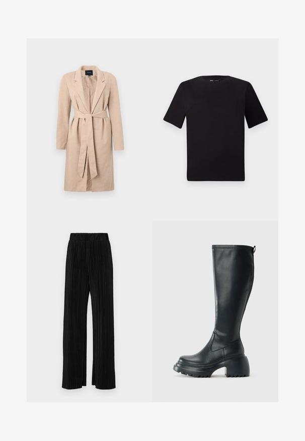 Bež dug kaput s tkanom teksturom, srezanim reverima, remenom u struku i dugim rukavima, s centralnim otvorom i jednoličnim dizajnom.; Crna majica kratkih rukava s okruglim izrezom, izrađena od mekane pamučne tkanine. Jednostavan dizajn, bez vidljivih logotipa ili uzoraka.; Crne plisirane hlače s elastičnim pojasom. Imaju široke nogavice i glatku, teksturiranu tkaninu s vertikalnim prugama.; Visoke crne kožne čizme s debelim platformskim đonom i blok petom, s patentom za povlačenje i teksturiranim uzorkom na potplatu.