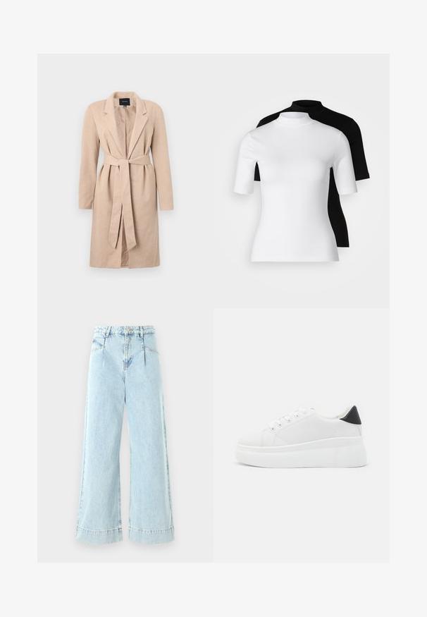 Bež dug kaput s tkanom teksturom, srezanim reverima, remenom u struku i dugim rukavima, s centralnim otvorom i jednoličnim dizajnom.; Set od dvije pripijene majice s rolkragnom u bijeloj i crnoj boji. Kratki rukavi, glatka pamučna tkanina i uzan kroj. Bez uzoraka ili grafike.; Svijetloplave široke traperice od denima, s visokim strukom, prednjim džepovima i prošivenim motivima na rubu.; Bijele platforme tenisice napravljene od glatkog sintetičkog materijala, s okruglim vrhom, dizajnom s vezanjem i teksturiranom gumenom potplatom. Crni detalj na peti.