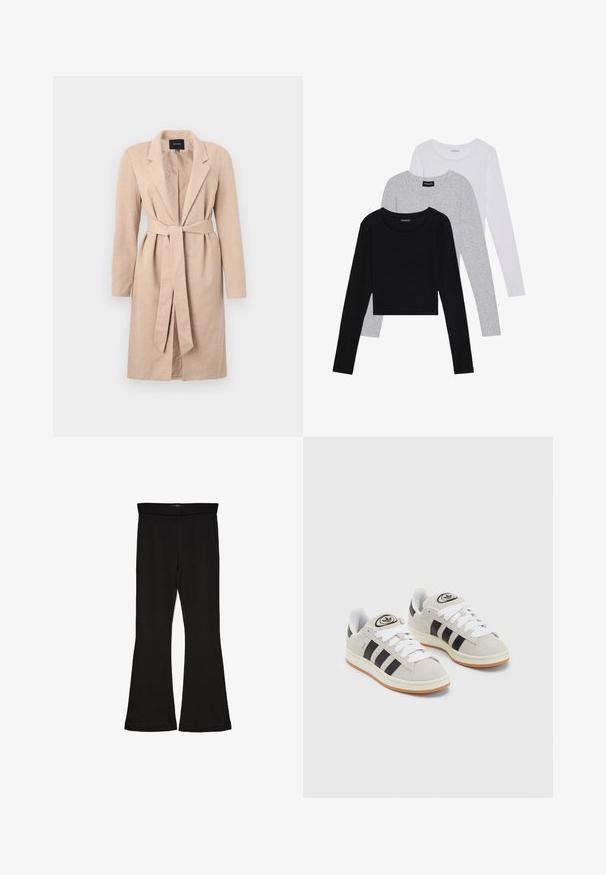 Beżowy długi płaszcz o wplecionym wzorze, z wyłogami, paskiem w talii i długimi rękawami, z centralnym zapięciem i jednolitą konstrukcją.; Trzy bluzki z długim rękawem ułożone jedna na drugiej: czarna, szara i biała. Każda z okrągłym dekoltem i skróconym fasonem, wykonana z gładkiego, lekkiego materiału.; Czarne legginsy w stylu dzwonów wykonane z elastycznej tkaniny. Posiadają szeroki pas i gładką teksturę, z dopasowanym krojem, który rozszerza się ku dołowi.; Szare zamszowe trampki z białymi sznurówkami, czarnymi paskami i białą gumową podeszwą. Posiadają okrągłe logo na języku oraz gumową podeszwę.