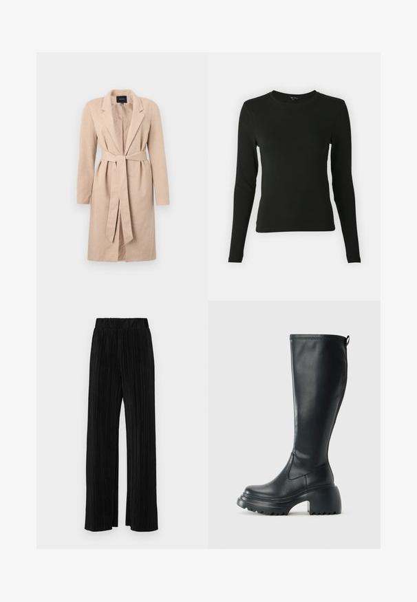 Casaco longo bege com uma textura trançada, lapelas dentadas, cintura cinputada e mangas longas, apresentando uma abertura central e design sólido.; Camisa preta de mangas longas feita de um tecido suave, com decote redondo e forma ajustada, sem padrões ou detalhes visíveis.; Calças pregueadas pretas com uma cintura elástica. Apresentam pernas largas e um tecido liso, texturizado com riscas verticais.; Bota preta de couro alta com sola de plataforma robusta e salto bloco, apresentando puxador e padrão texturizado na sola.