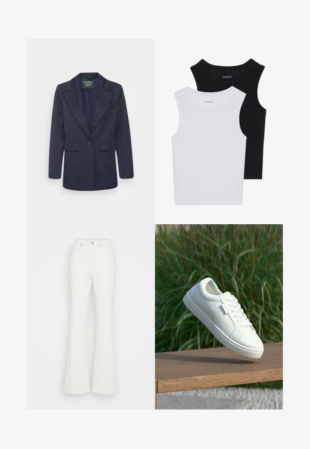 Another-Label ELI TWILL - Blazer - night sky; Duas blusas sem mangas em preto e branco, feitas de algodão canelado, com decotes redondos e um design ajustado. Etiquetas visíveis em ambas.; Calças brancas de ganga com corte flared, feitas de denim de algodão, apresentando uma cintura alta, fecho por botão e quatro bolsos, com uma textura suave.; Sapatilha de couro branca com atacadores flutuando acima de um banco de madeira, com erva alta verde desfocada ao fundo ao ar livre.