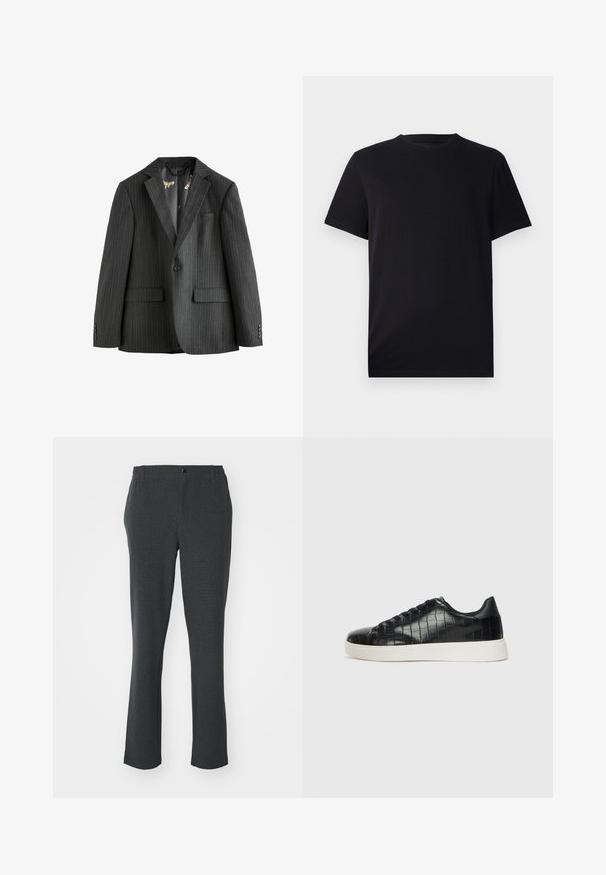 Tumehall pinstripe bleiser, ühes nupuga, aukude tekkega, klapptaskute ja mustriga sisekattega. Omab nööpidega varrukaotsi.; Musthave musta lühike varrukas T-särk, mis on valmistatud sileda puuvilla materjalist. Sellel on ümar kaelus ja klassikaline lõige, ilma mustrite või nähtava riistvaraeta.; Tumed hallid püksid, valmistatud tekstuurilisest kangast; sirge lõikega, esiosa nööp ja diskreedid küljetaskud.; Mustad mustad mustad kroko-reljeefiga nahast ülemine osa, ümar varvas ja kontrastne valge kummitald, millel on sile viimistlus.