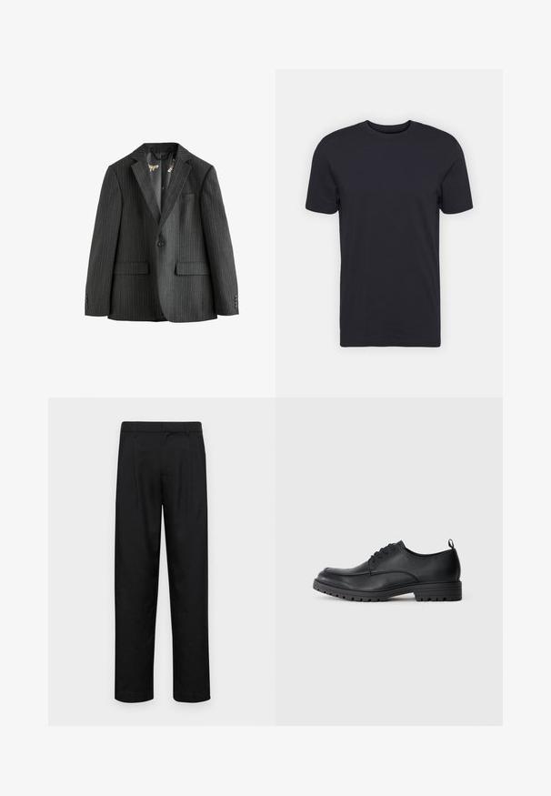 Tamsiai pilka smulkių dryžių bleizeris, vieno sagos su notch apykakle, kišenėmis su atvartais ir raštuotu vidiniu pamušalu. Yra sagų rankogaliai.; Juodas medvilninis marškinėliai, trumpomis rankovėmis, apvaliu kaklu, vientisos spalvos, lengvas audinys, lygus paviršius, be matomų raštų ar grafikų.; Juodi kelnių modeliai, pagaminti iš lygios medžiagos, turi tiesią kojas, du priekiniai klostės ir standartinę juosmenį su diržo kilpomis.; Juodas odinis batų suknelė su lygiu paviršiumi, apvaliu kojų pirštu, raištelių priekiniu uždarymu ir tvirtas guminiu padu su reljefiniu raštu.