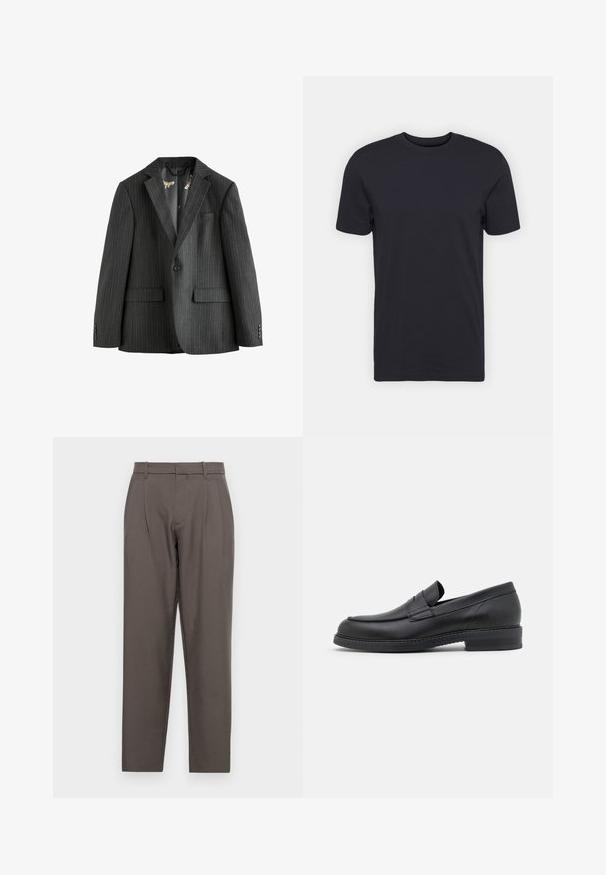 Tamsiai pilka smulkių dryžių bleizeris, vieno sagos su notch apykakle, kišenėmis su atvartais ir raštuotu vidiniu pamušalu. Yra sagų rankogaliai.; Juodas medvilninis marškinėliai, trumpomis rankovėmis, apvaliu kaklu, vientisos spalvos, lengvas audinys, lygus paviršius, be matomų raštų ar grafikų.; Jack & Jones JPSTBILL JJDAYTONA WIDE - Kelnės - pavement; Juodos odinės loaferiai su apvalia nosimi, siuvinėjimais ir žemu, storu kulnu. Pasižymi lygia tekstūra ir minimalistiniu dizainu.