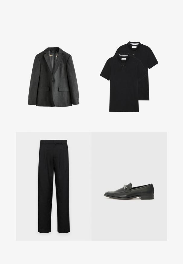 Dark gray pinstriped blazer, single-breasted with notch lapels, flap pockets, and a patterned inner lining. Features buttoned cuffs.; Two black polo shirts, short-sleeved, cotton material, featuring a classic collar, two-button placket, and white striped accents inside the collar.; Black trousers made of smooth fabric, featuring a straight-leg design, two front pleats, and standard waistband with belt loops.; Black leather loafer with a smooth finish, featuring a stitched design and a decorative metal chain accent across the vamp. Flat heel.