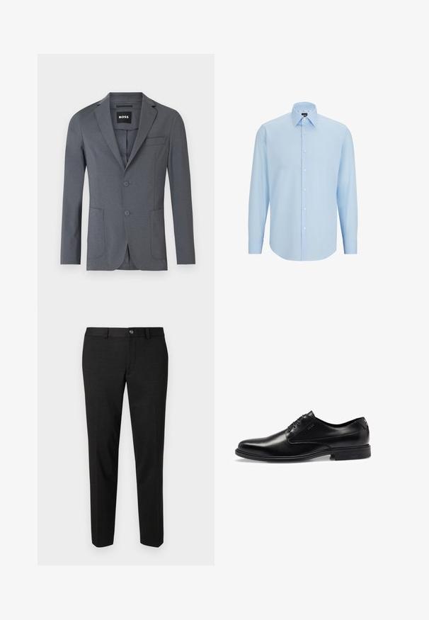 Šedý blazer vyrobený z hladké tkaniny, s klopovým límcem, dvěma předními kapsami, náprsní kapsou a dvěma knoflíky. Jednoduchý, čistý design.; Světle modrá dlouhá košile s dlouhým rukávem vyrobená z hladkého materiálu, s knoflíkovým zapínáním vpředu, špičatým límcem a klasickým střihem.; Černé kalhoty vyrobené z hladké látky. Mají rovný střih, plochý přední díl a zapínání na knoflík se jednoduchým designem pasu.; Černé kožené vycházkové boty s hladkým povrchem, šněrovacím designem, kulatou špičkou a jemnými detaily šití. Disponují černou gumovou podrážkou.