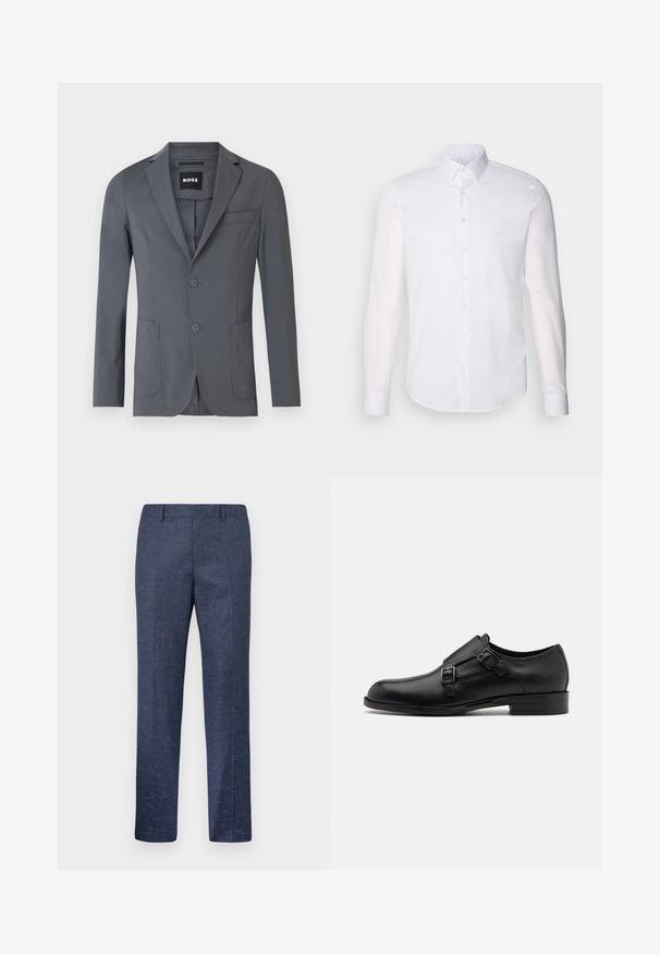 Hall ehk sissekõverdatud kraega hall bleiser, valmistatud siledast kangast, millel on kaks eesmist taskut, rinnaeest tasku ja kaks nuppu. Lihtne ja puhas disain.; Valge pikkade varrukatega nööpidega särk, mis on valmistatud puuvillast, klassikalise krae, eest nööpide ja minimaalsete õmblusdetailidega.; Tumed sinine püksid, mis on valmistatud tekstuuriga kangast, sirgete jalgega, tasase esiosa ja kahe küljetaskuga. Ilma nähtavate mustrite või aksessuaarideta.; Musta nahast kleitking, kus on kaks pandlat, voolava silueti ja ümarate varvastega. Omab madalat kontsa ja siledat tekstuuri.